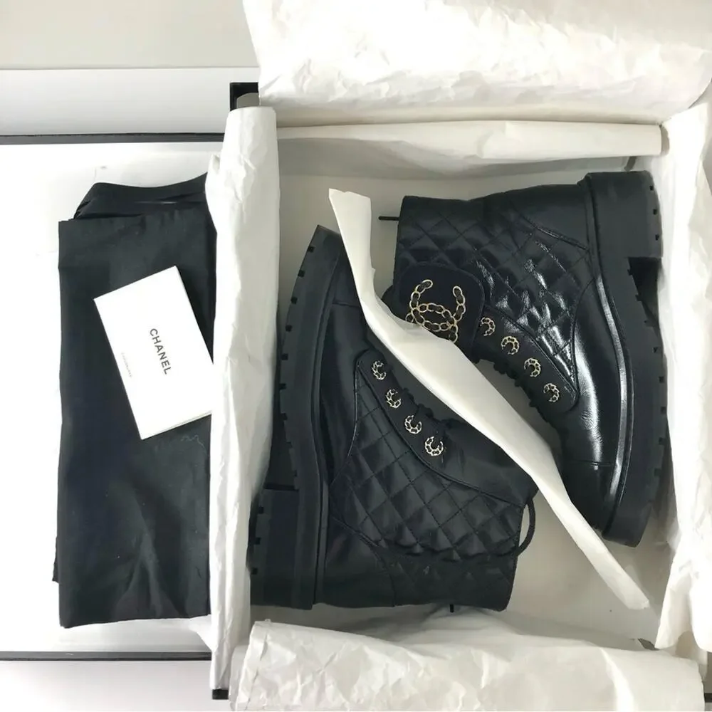 Chanel Brave Shiny Calfskin Quilted CC Chain Cap Toe Platform Short Boots 37